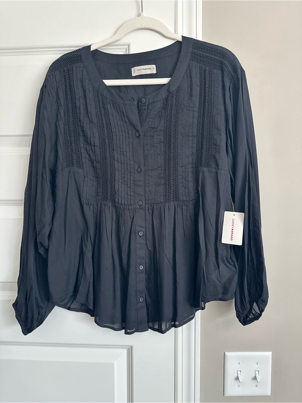 Lucky Brand Black Button-Front Peasant Blouse with Pintuck Lace NWT